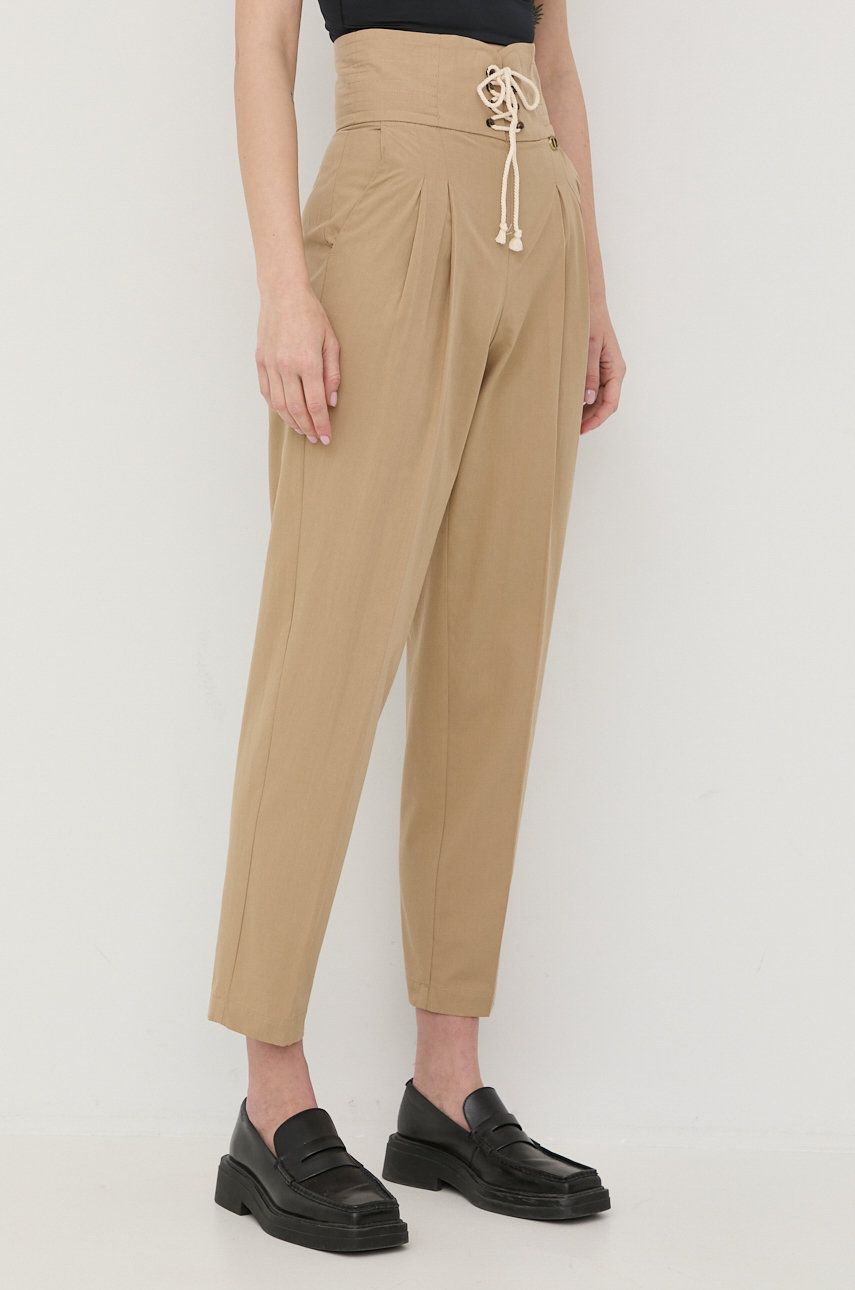 Bavlněné kalhoty Twinset dámské, béžová barva, střih chinos, high waist - béžová -  100 % Bavln