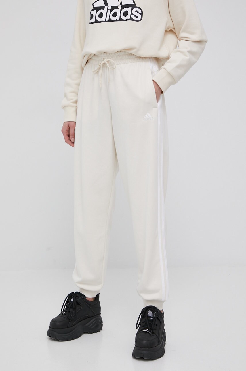 Adidas pantaloni femei, culoarea bej, cu imprimeu
