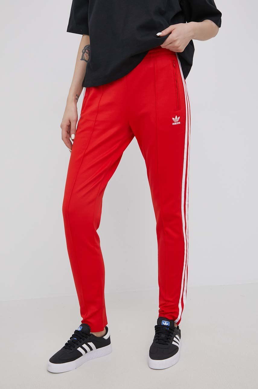 adidas Originals pantaloni femei, culoarea rosu, cu imprimeu adidas Originals