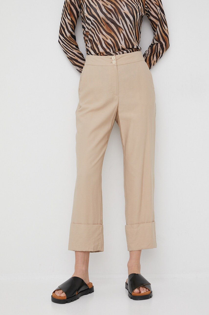 Pennyblack pantaloni femei, culoarea bej, drept, high waist
