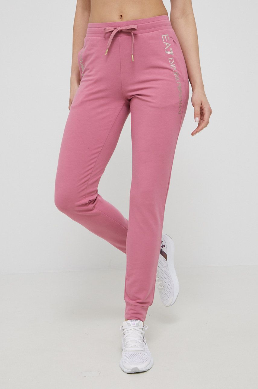 EA7 Emporio Armani pantaloni femei, culoarea roz, cu imprimeu answear.ro