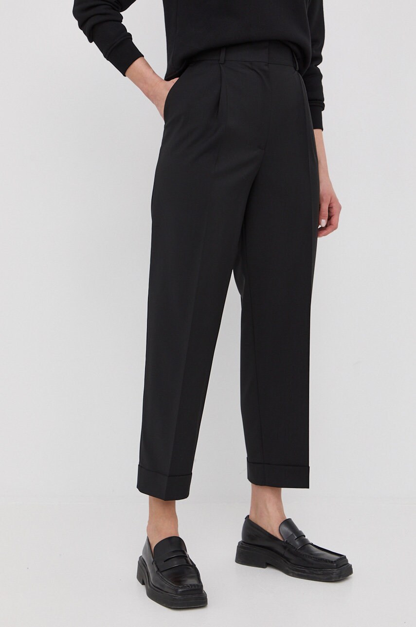 The kooples pantaloni de lana femei, culoarea negru, drept, high waist