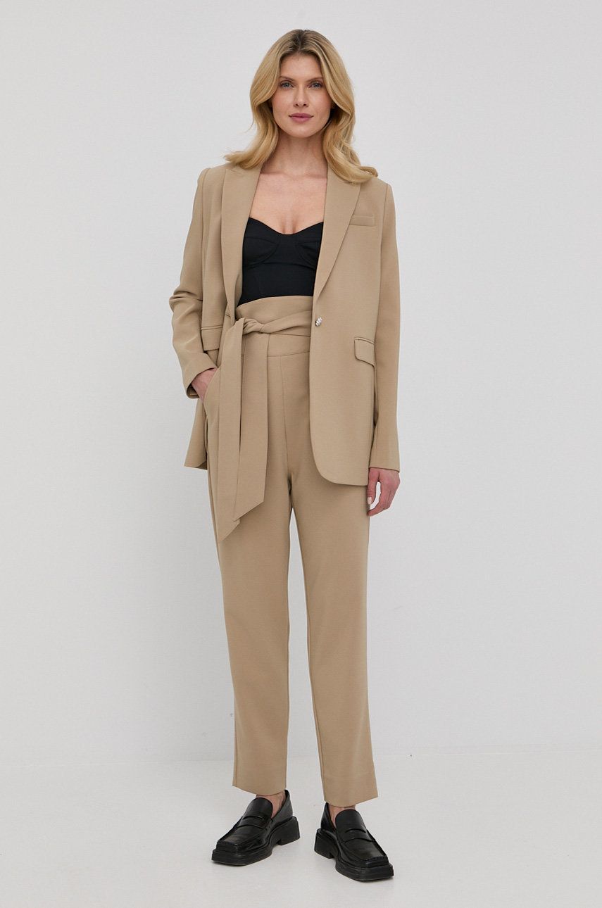 Custommade pantaloni femei, culoarea maro, drept, high waist