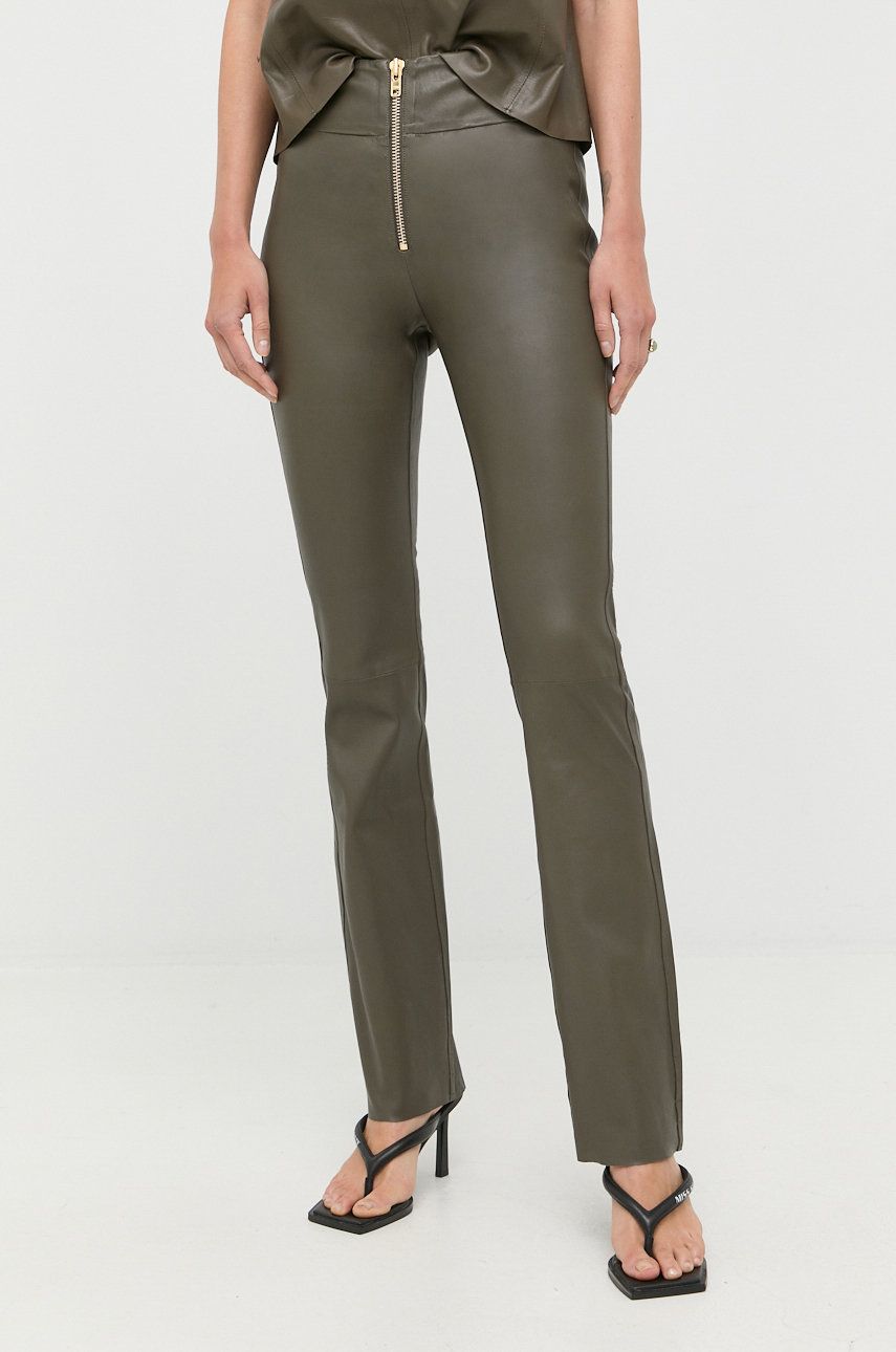 Notes Du Nord Pantaloni De Piele Femei, Culoarea Verde, Evazati, High Waist