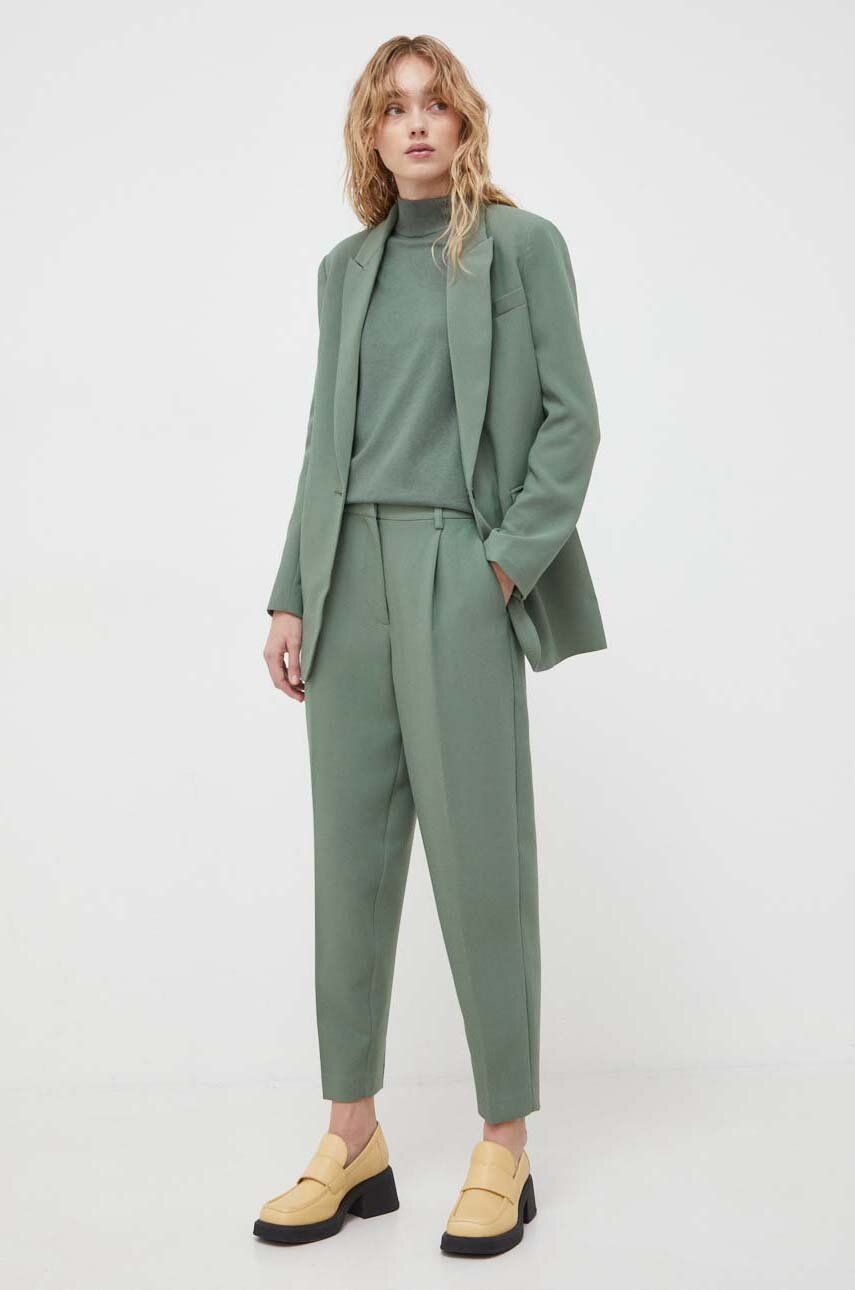 Levně Kalhoty Bruuns Bazaar dámské, zelená barva, přiléhavé, high waist