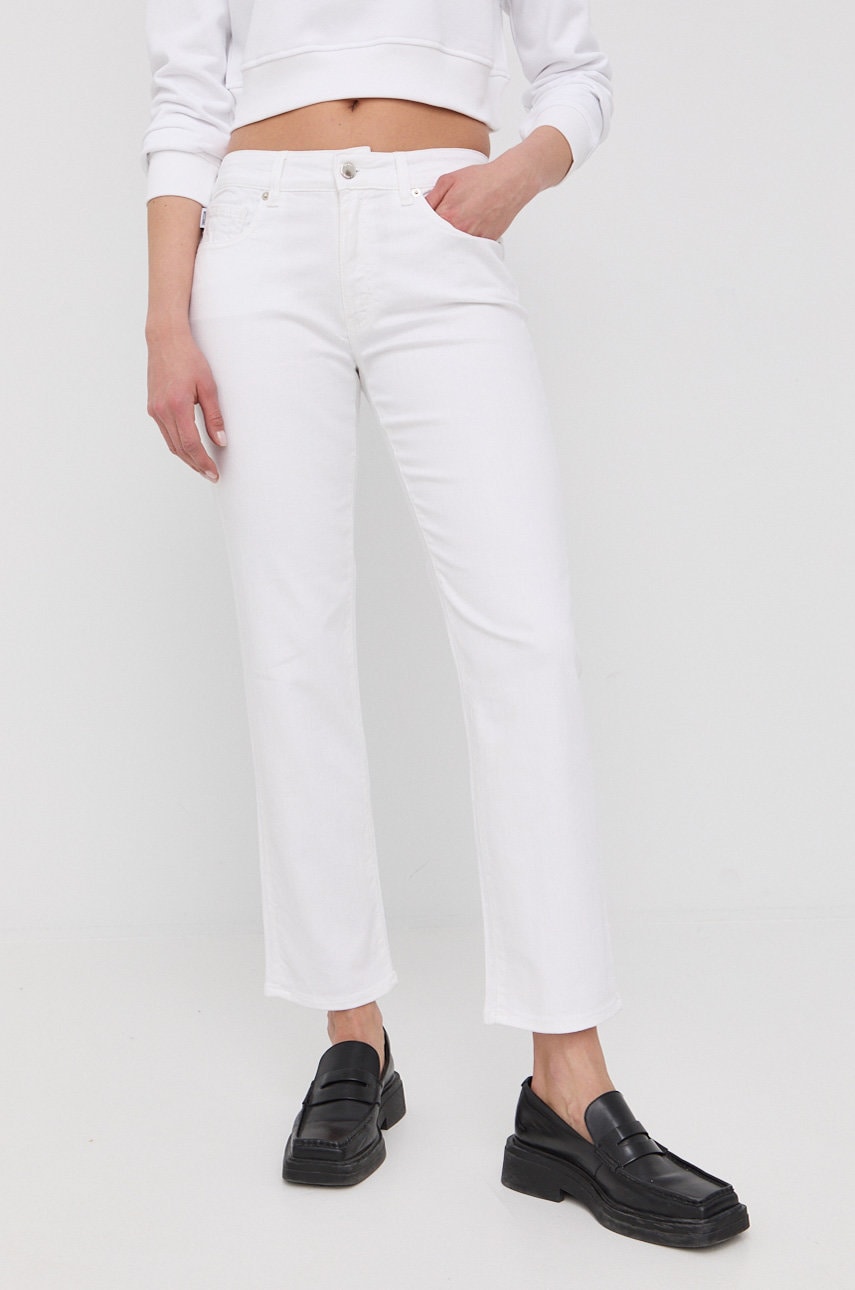 Love Moschino jeansi femei, culoarea alb, medium waist