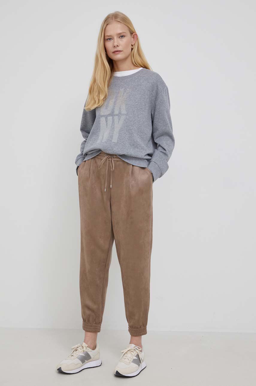 Dkny pantaloni femei, culoarea maro, jogger, high waist