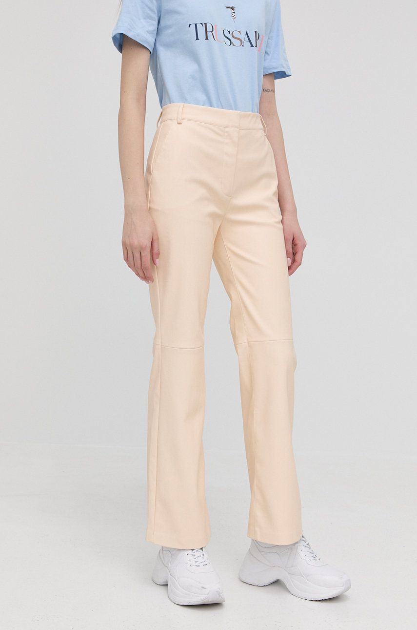 Kalhoty Pinko dámské, béžová barva, jednoduché, high waist - béžová -  Hlavní materiál: 100 % P