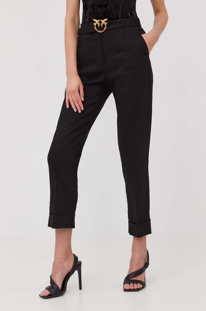 Pinko spodnie lniane damskie kolor czarny proste high waist