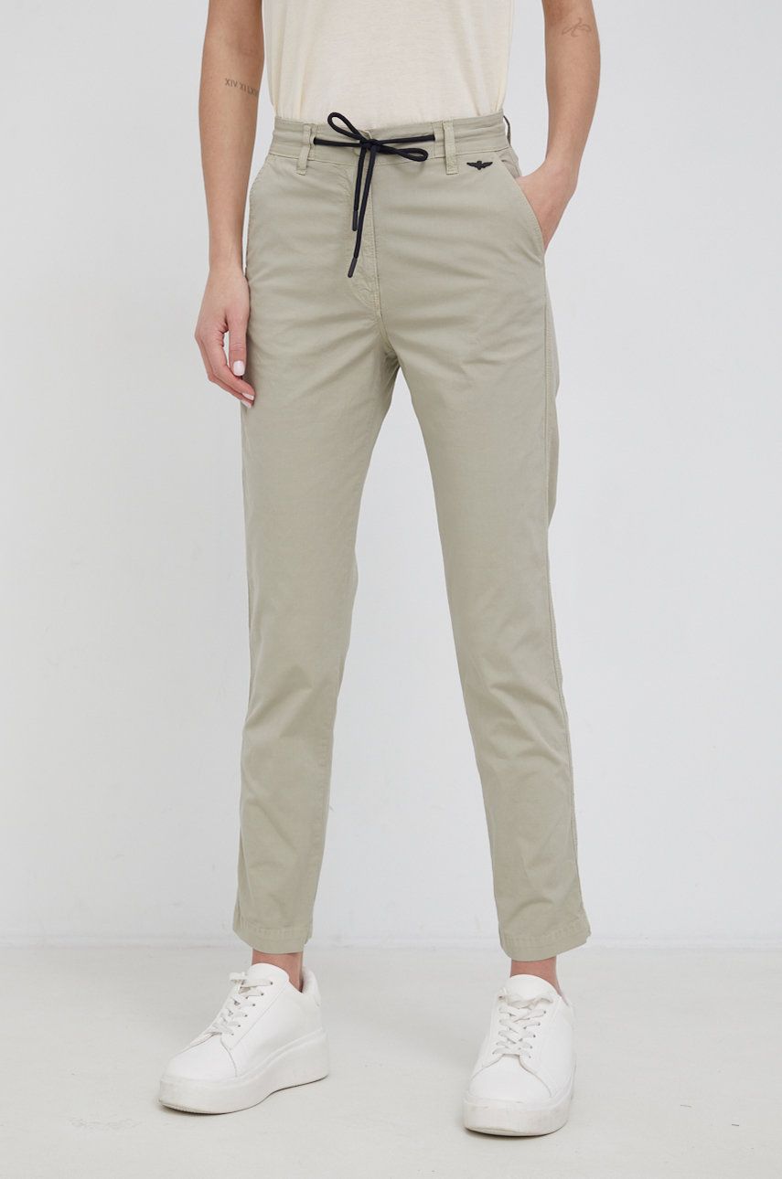 Aeronautica Militare pantaloni femei, culoarea gri, fason chinos, medium waist Aeronautica Militare