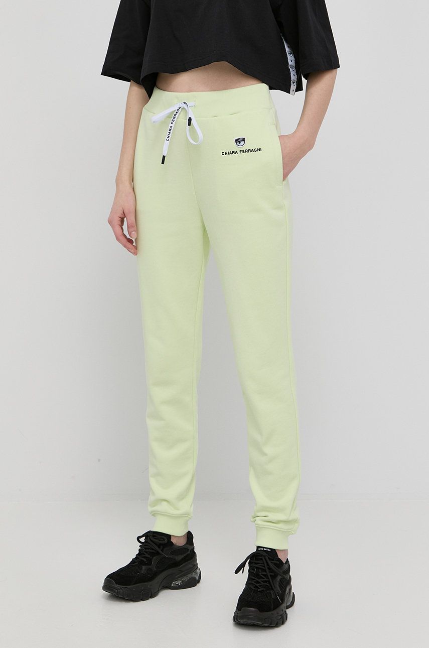 Chiara Ferragni pantaloni de bumbac femei, culoarea verde, cu imprimeu answear.ro