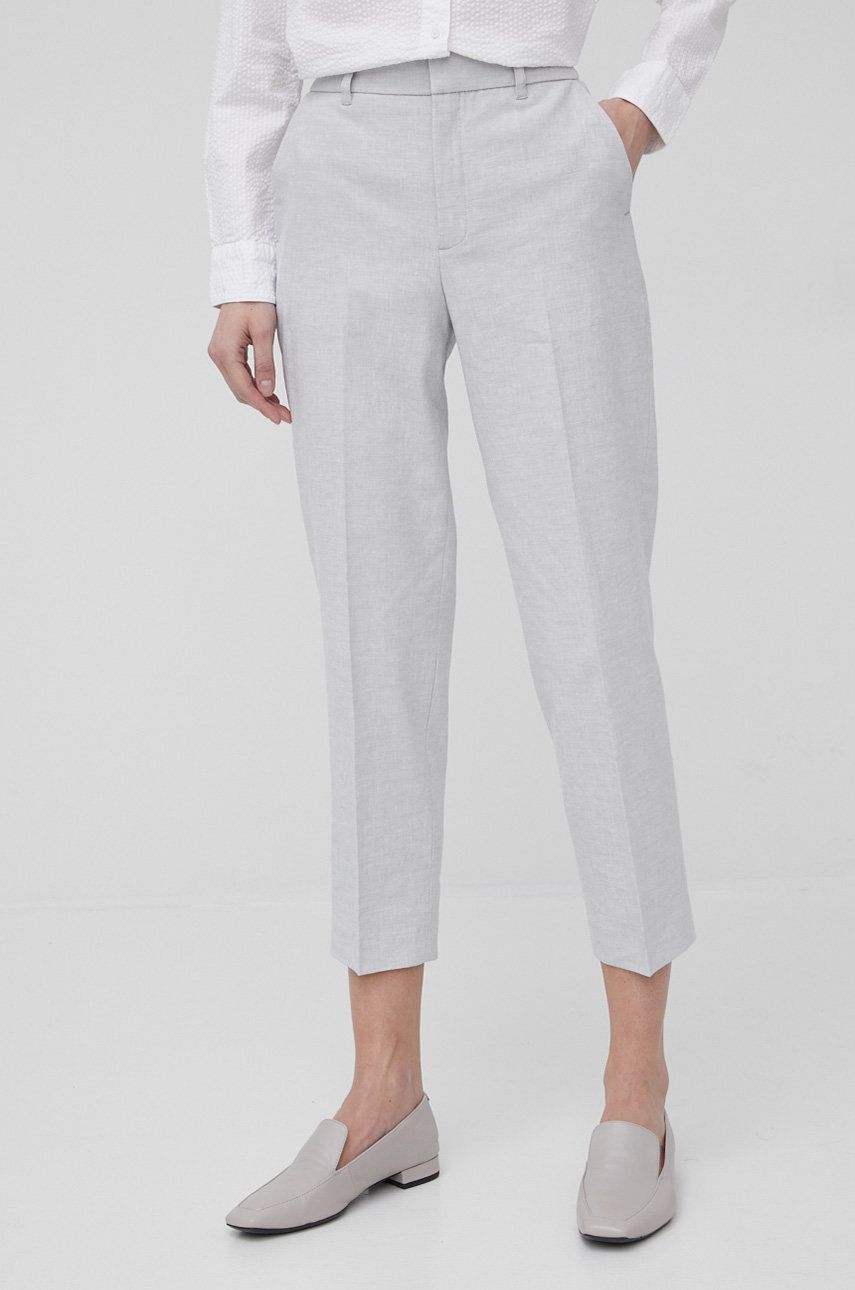 Drykorn pantaloni din in femei, culoarea gri, drept, medium waist answear.ro