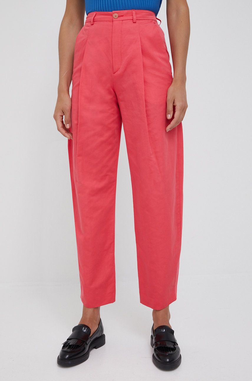 Drykorn pantaloni de bumbac femei, culoarea roz, lat, high waist answear.ro