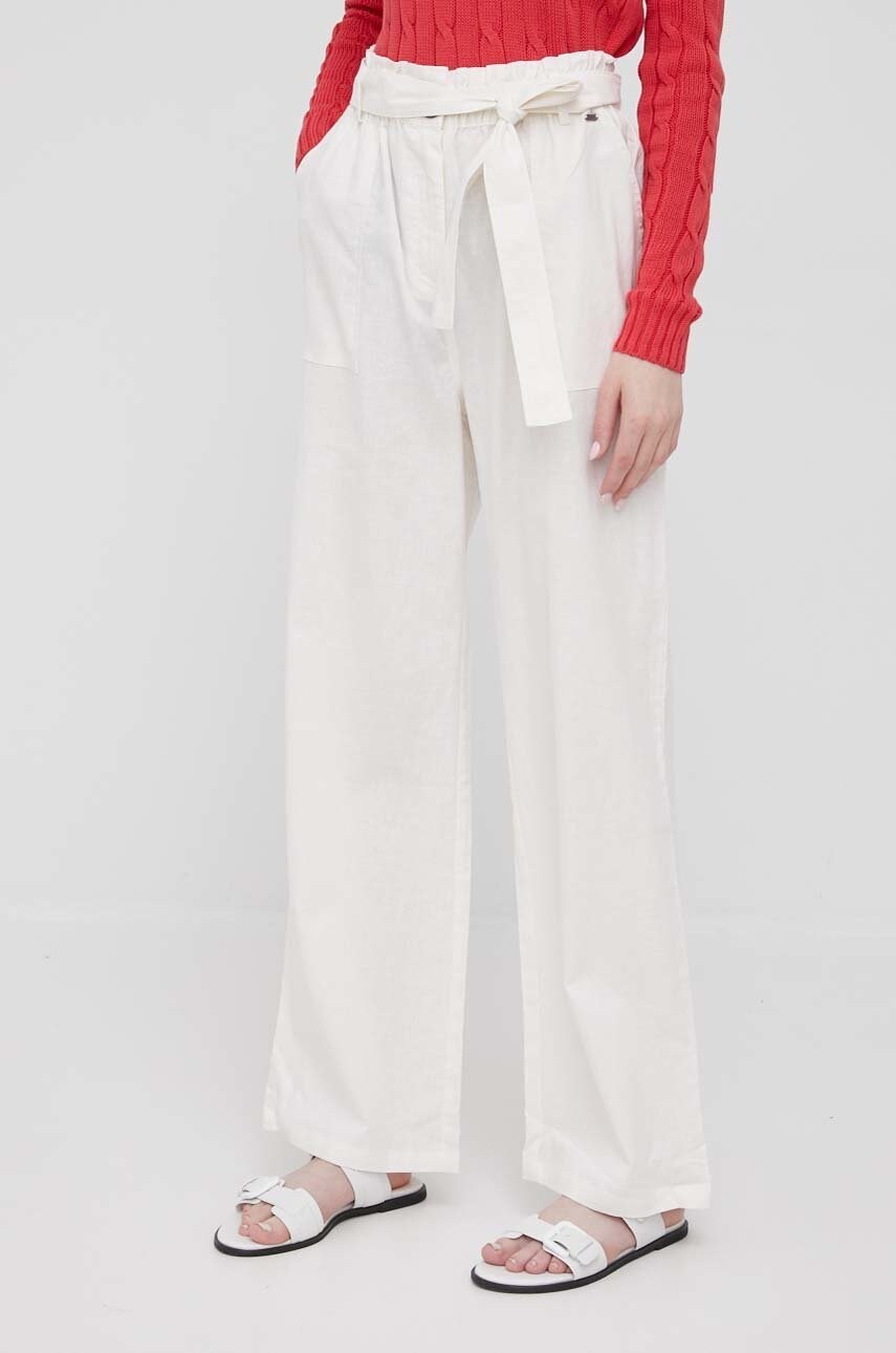 Pepe jeans pantaloni din amestec de in lourdes femei, culoarea alb, lat, high waist