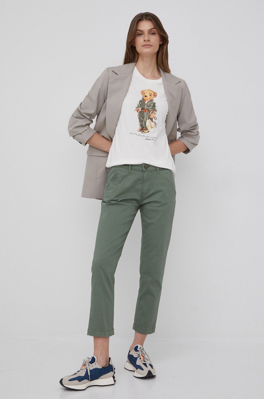 E-shop Kalhoty Pepe Jeans Maura dámské, zelená barva, střih chinos, medium waist