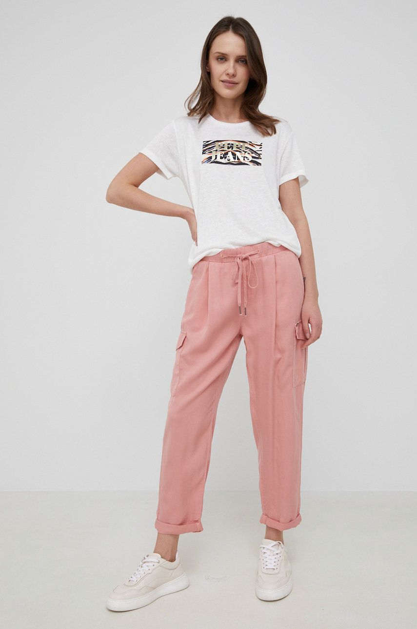 Levně Kalhoty Pepe Jeans Jynx dámské, růžová barva, kapsáče, high waist