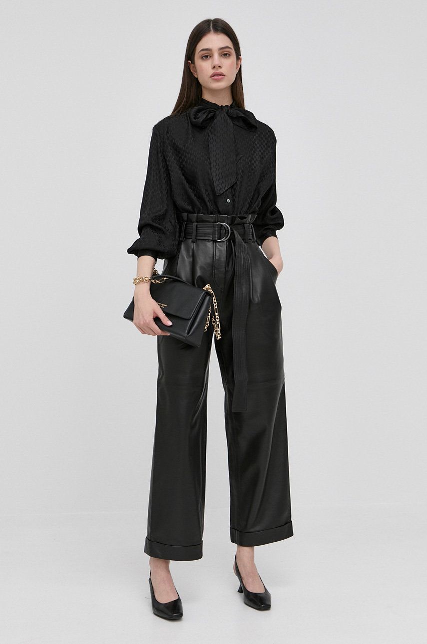 Karl Lagerfeld pantaloni de piele femei, culoarea negru, lat, high waist