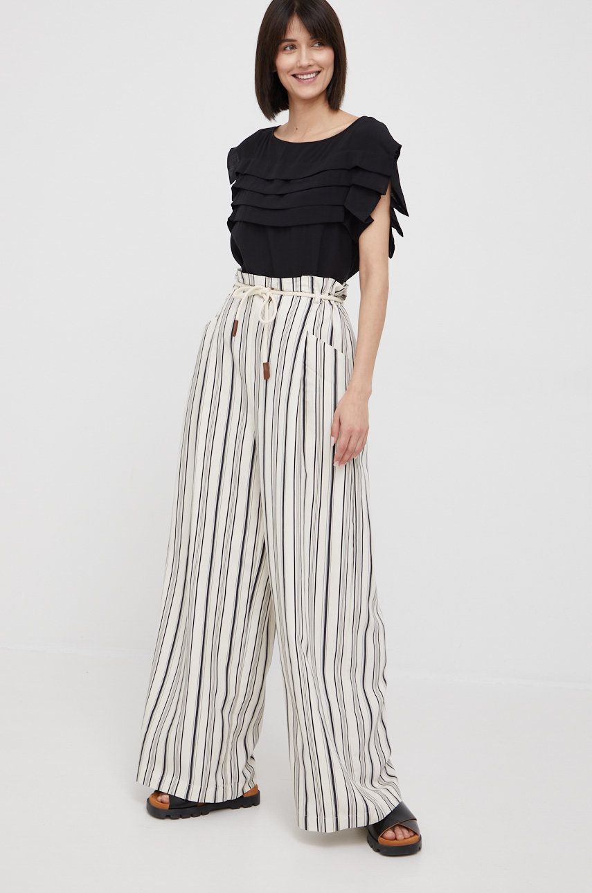 Kalhoty Sisley dámské, béžová barva, jednoduché, high waist - béžová -  11% Polyester