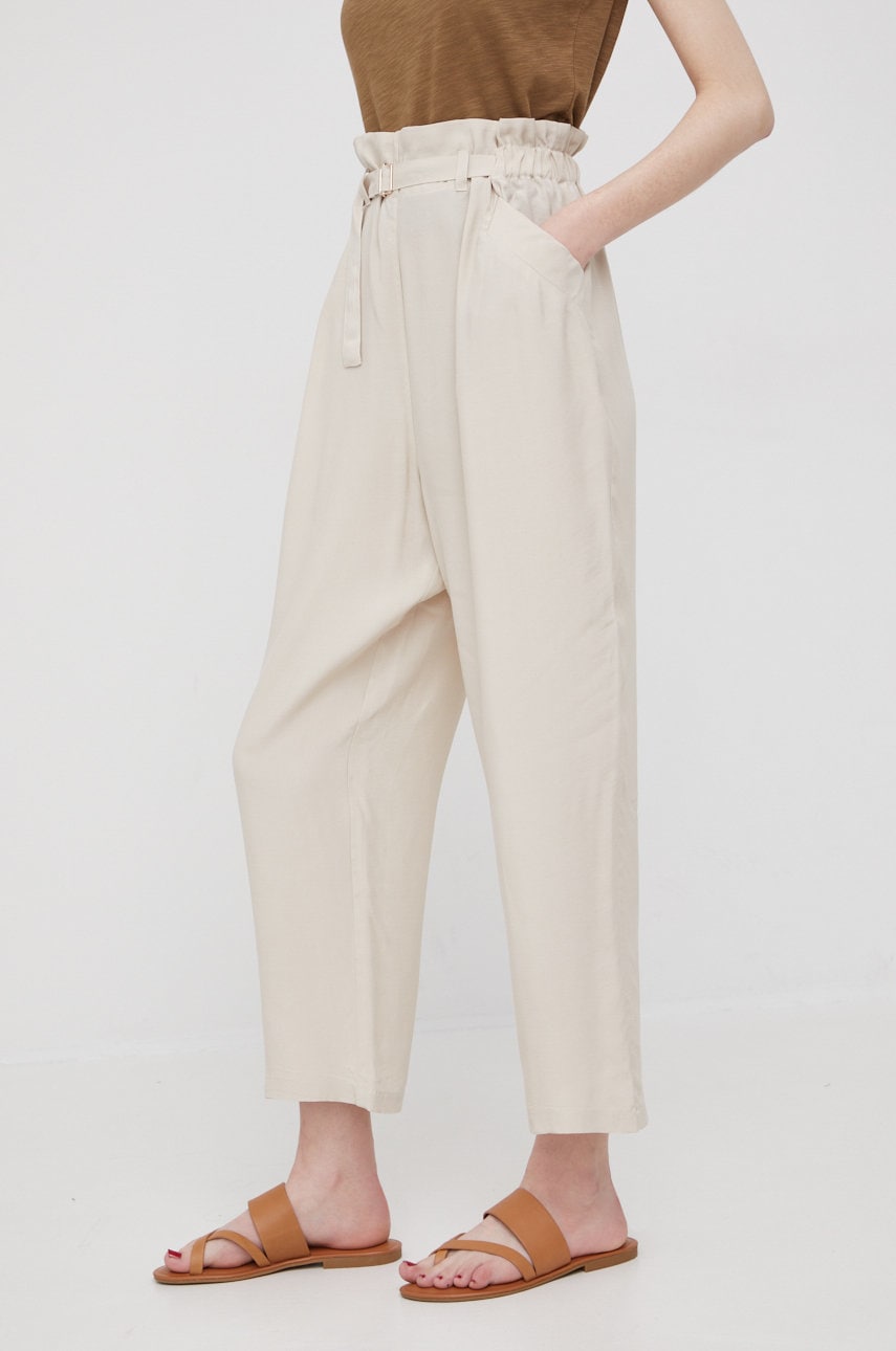 Sisley pantaloni femei, culoarea bej, drept, high waist