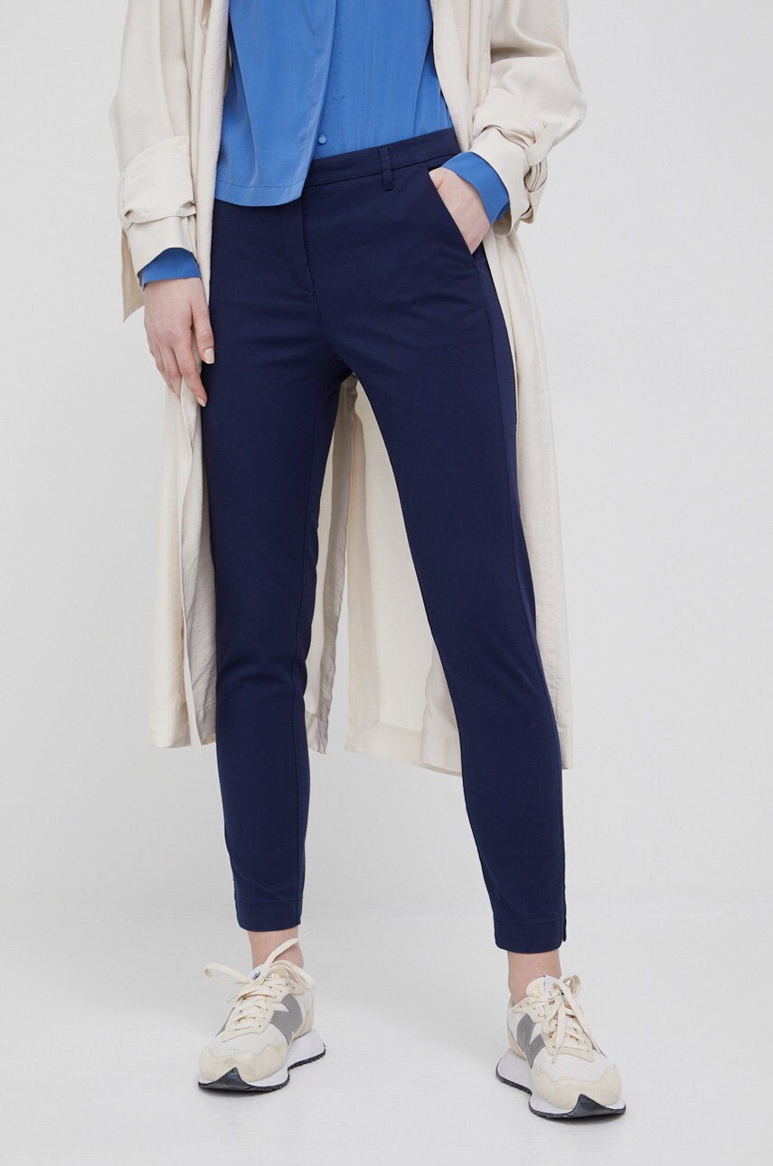 Sisley pantaloni femei, culoarea albastru marin, fason tigareta, medium waist