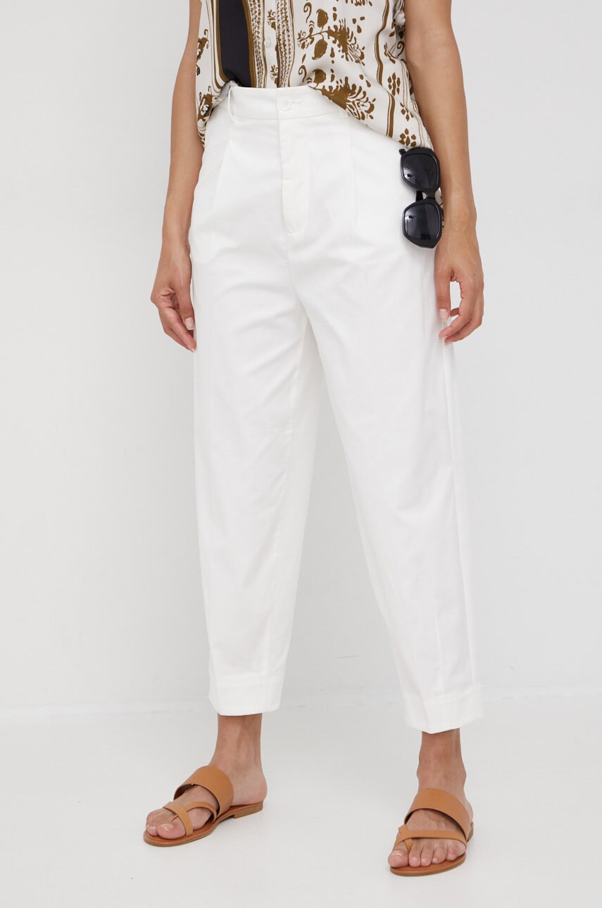 Sisley pantaloni femei, culoarea alb, lat, high waist
