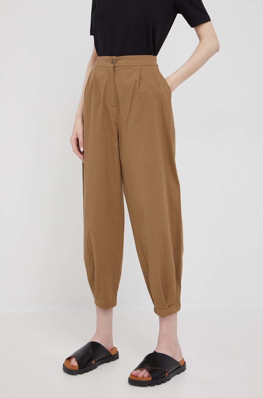 Sisley pantaloni femei, culoarea verde, lat, high waist
