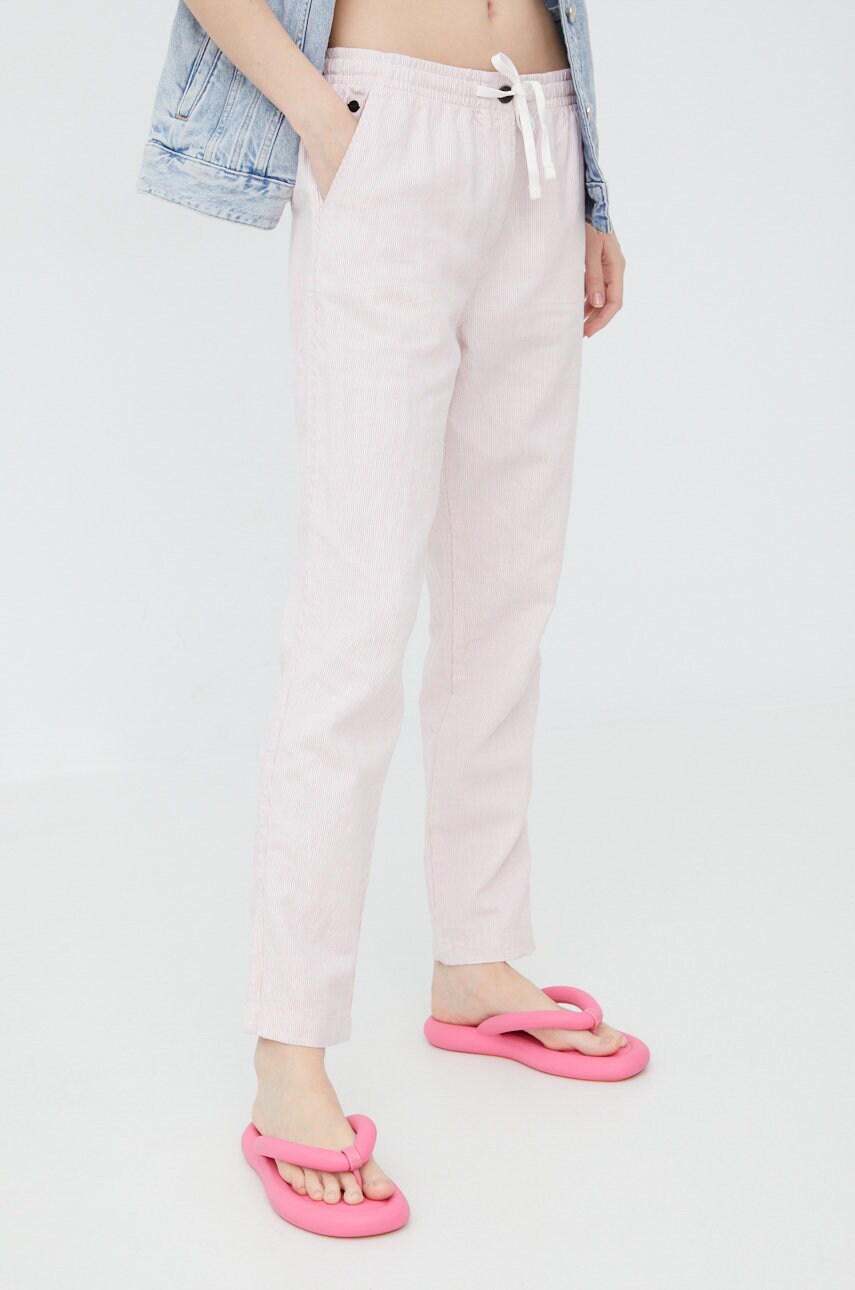 Superdry pantaloni din in femei, culoarea roz, drept, high waist