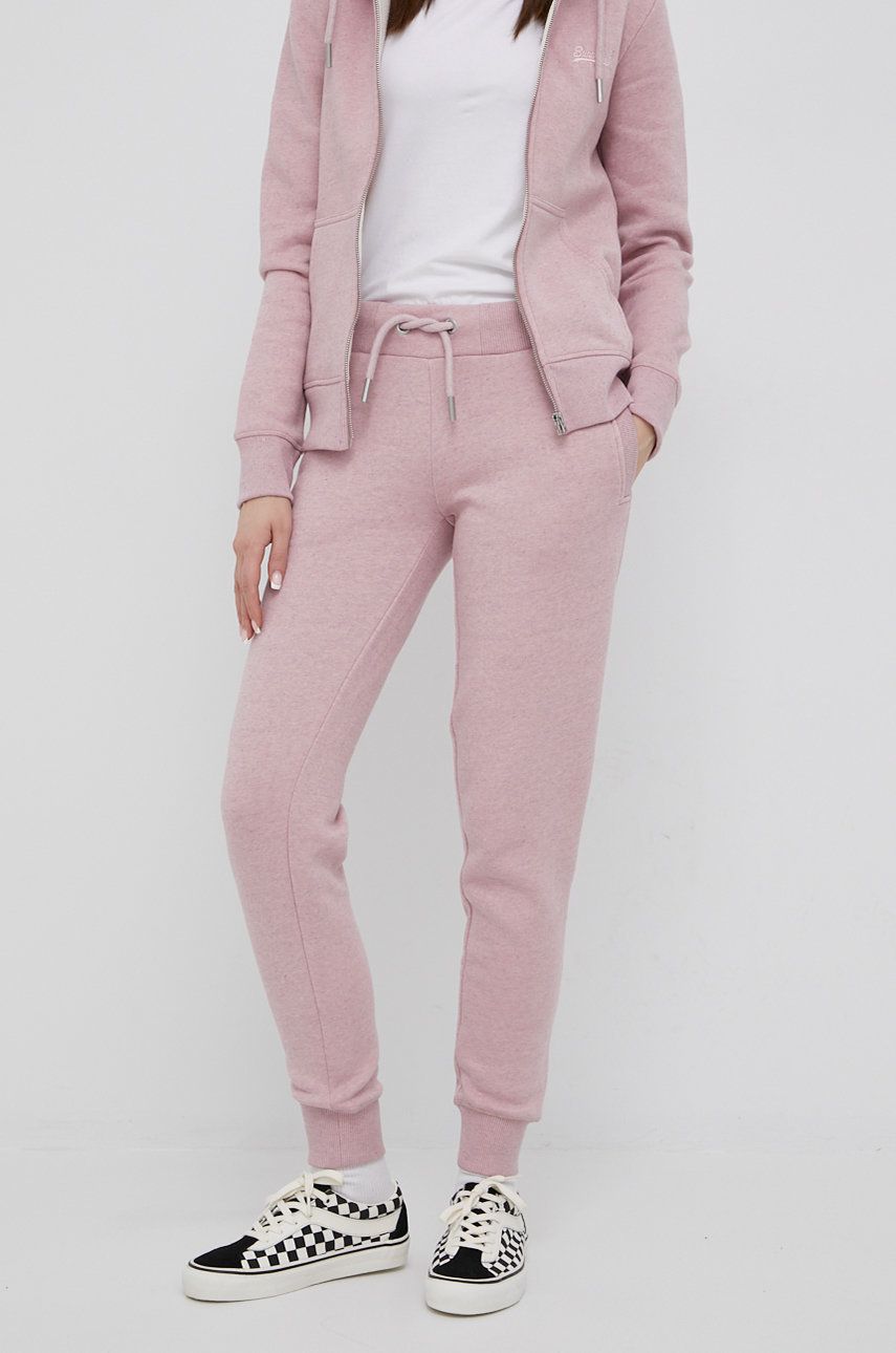 Superdry pantaloni de trening femei, culoarea roz, neted