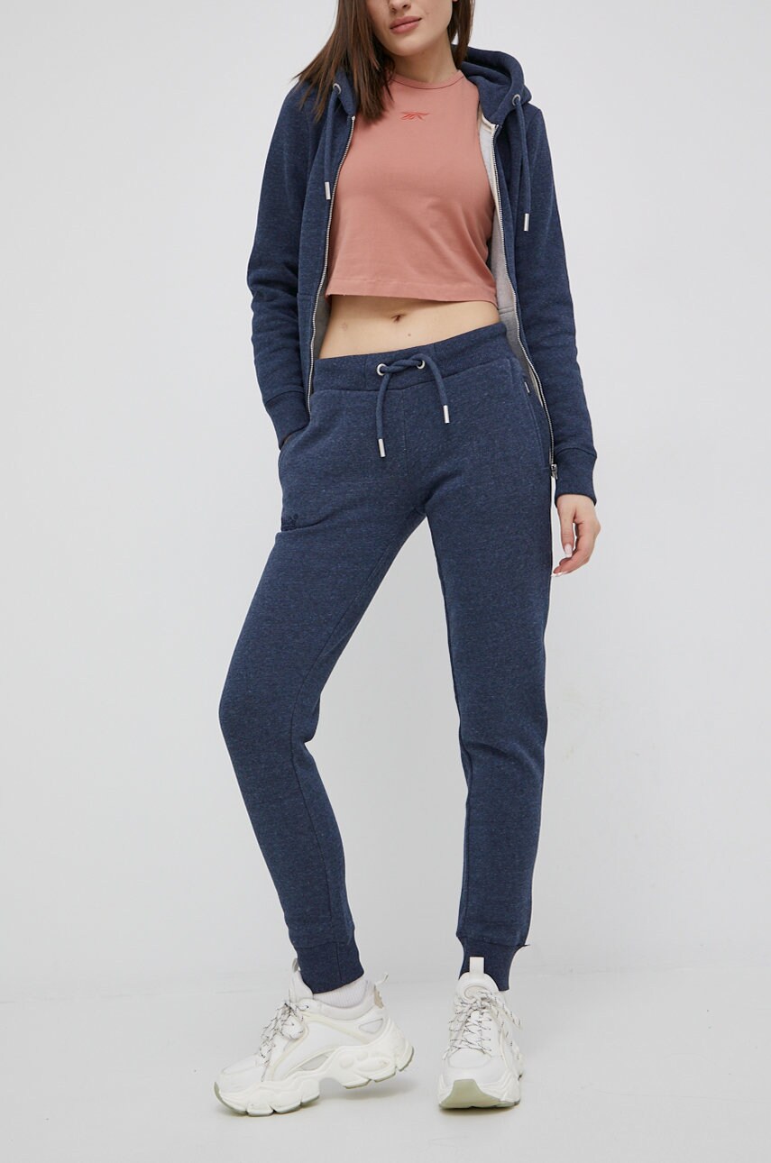 Superdry pantaloni de trening femei, culoarea albastru marin, neted