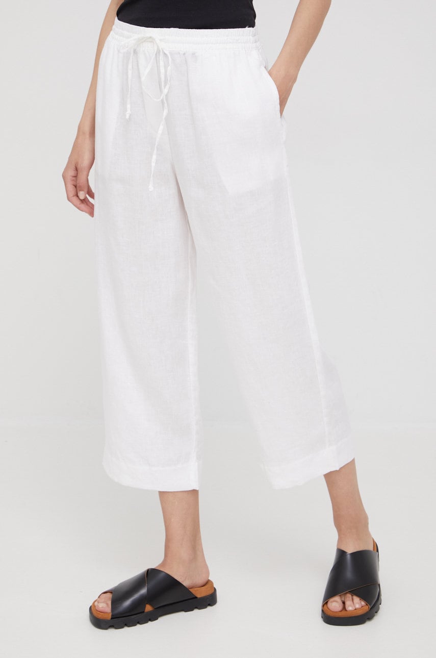 Dkny pantaloni din in femei, culoarea alb, lat, high waist