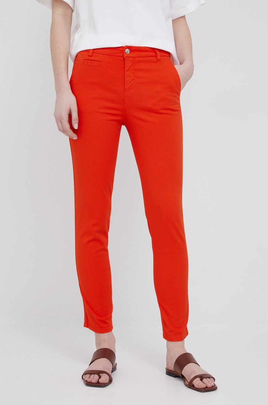 United Colors of Benetton pantaloni femei, culoarea portocaliu, fason chinos, medium waist answear.ro