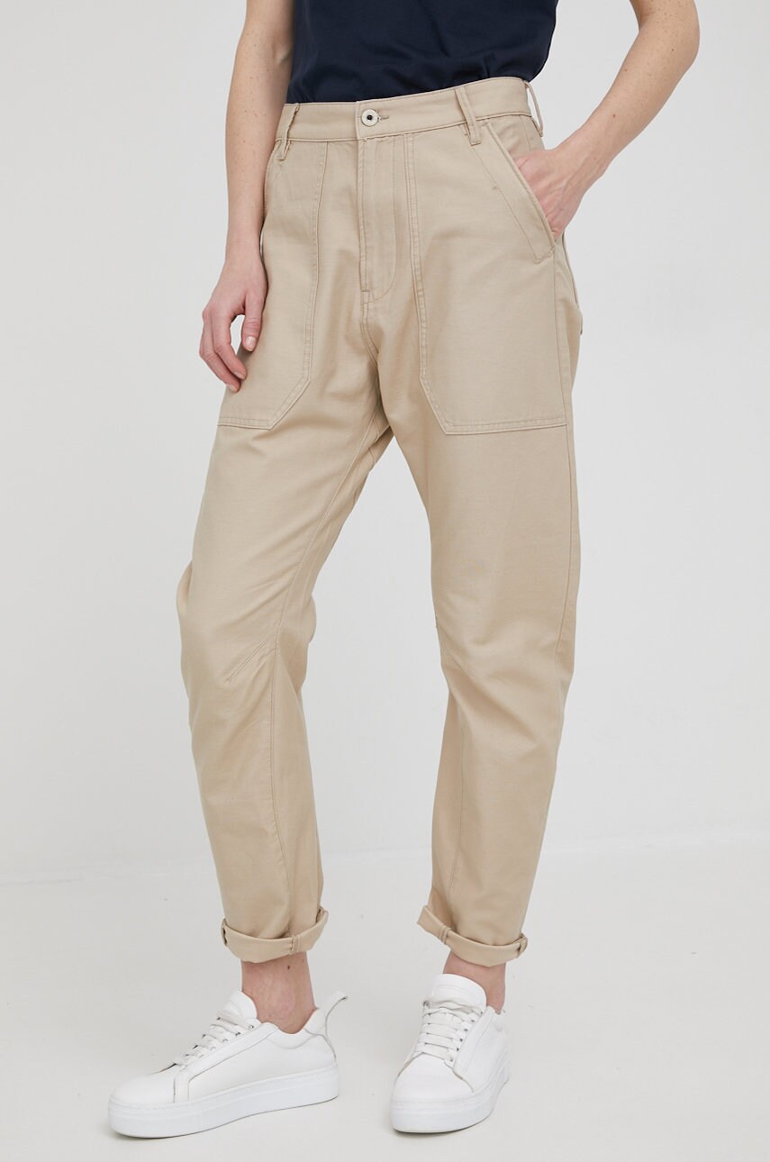 G-star raw pantaloni de bumbac femei, culoarea bej, lat, high waist