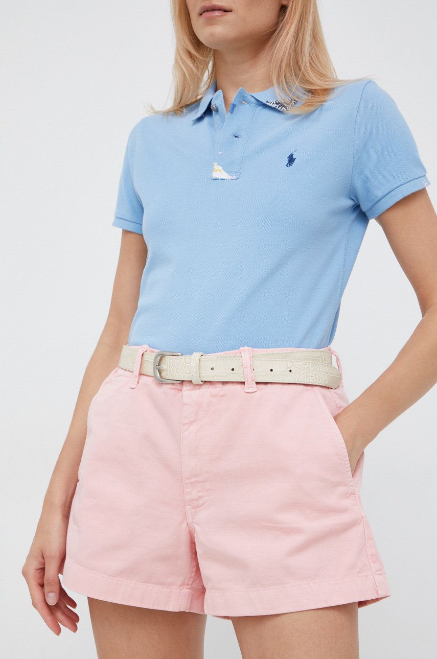 Polo Ralph Lauren szorty bawełniane damskie kolor różowy gładkie high waist