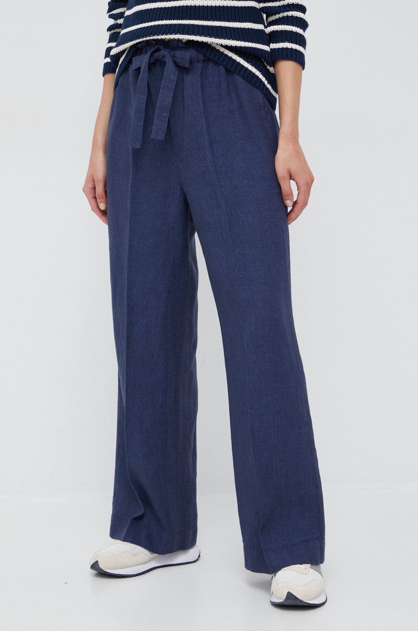 Polo Ralph Lauren spodnie lniane damskie kolor granatowy szerokie high waist