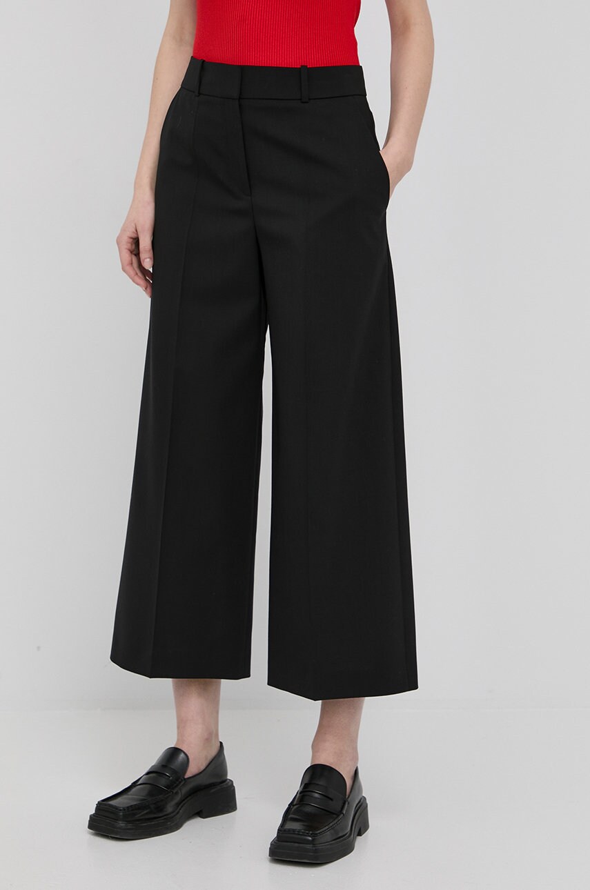 Hugo pantaloni de lana femei, culoarea negru, lat, high waist