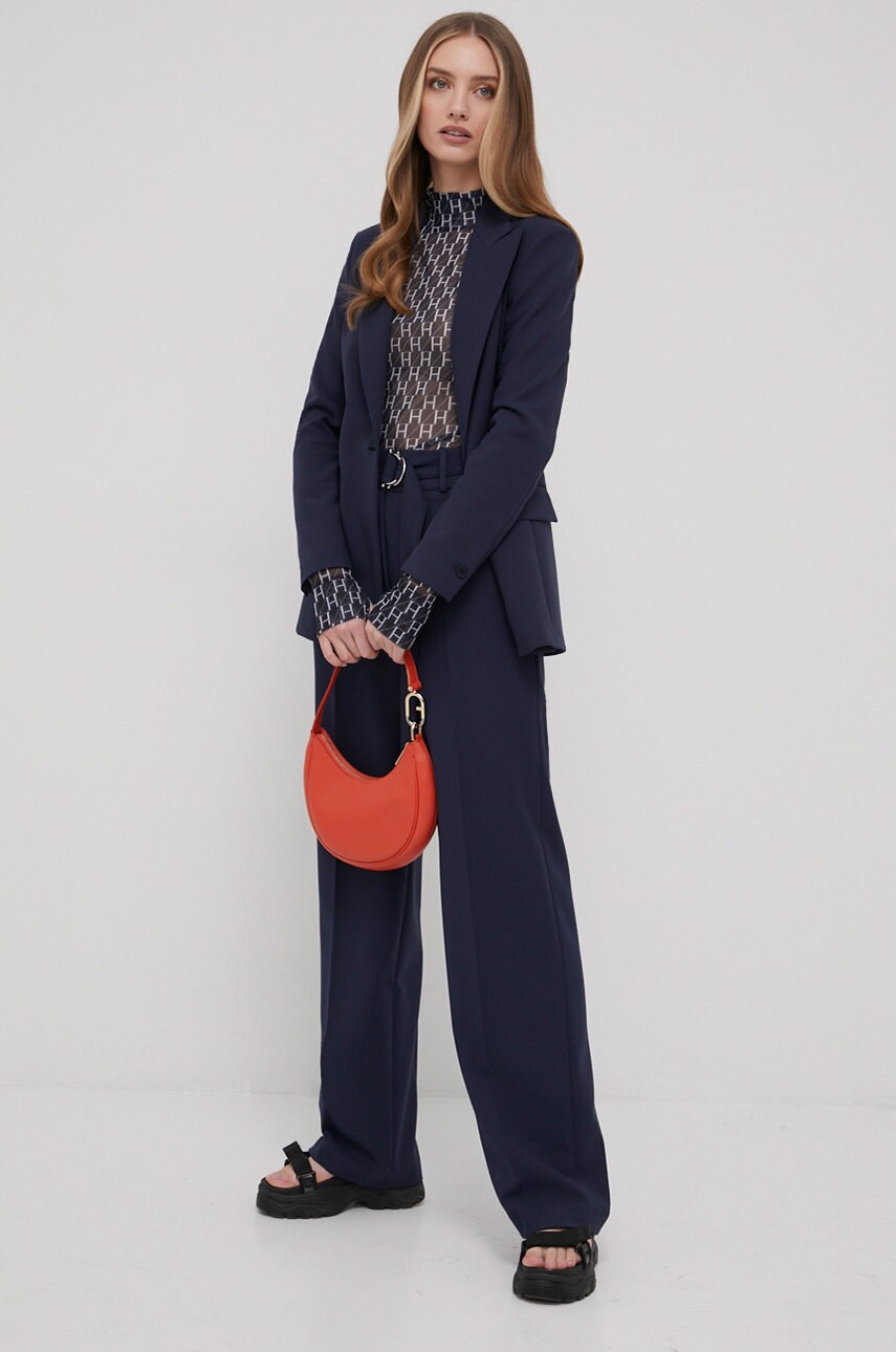 Hugo pantaloni femei, culoarea albastru marin, lat, high waist