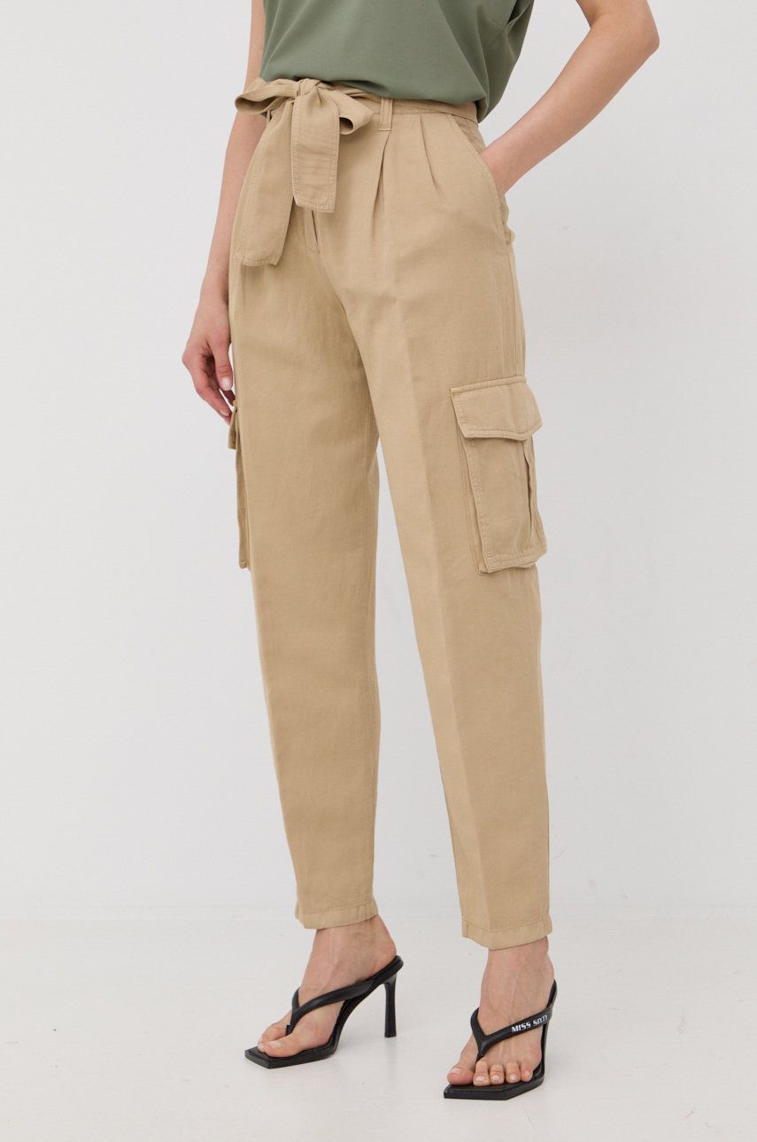 HUGO pantaloni din amestec de in femei, culoarea bej, fason cargo, high waist amestec