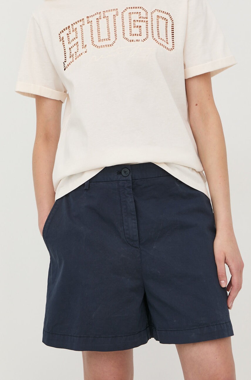 Hugo pantaloni scurti femei, culoarea albastru marin, neted, high waist