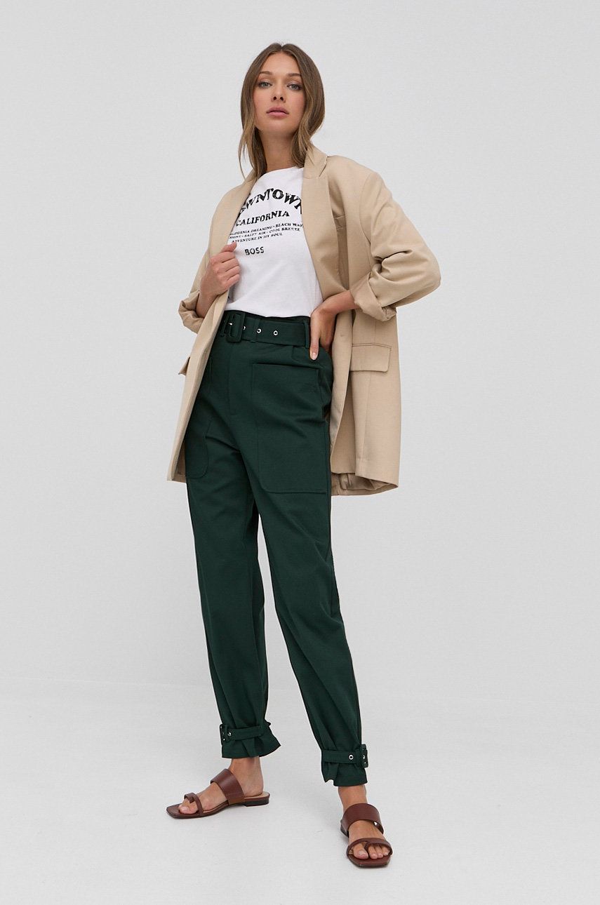Boss pantaloni femei, culoarea verde, drept, high waist answear imagine noua
