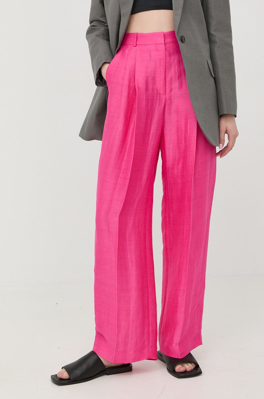 BOSS pantaloni din in femei, culoarea roz, drept, high waist answear.ro imagine noua 2022
