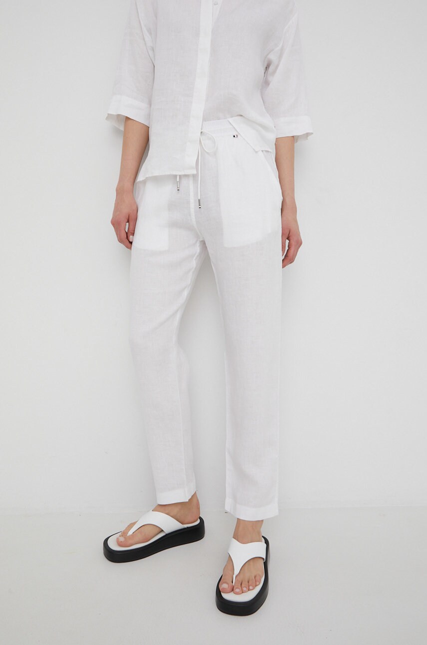 Boss pantaloni din in femei, culoarea alb, lat, high waist