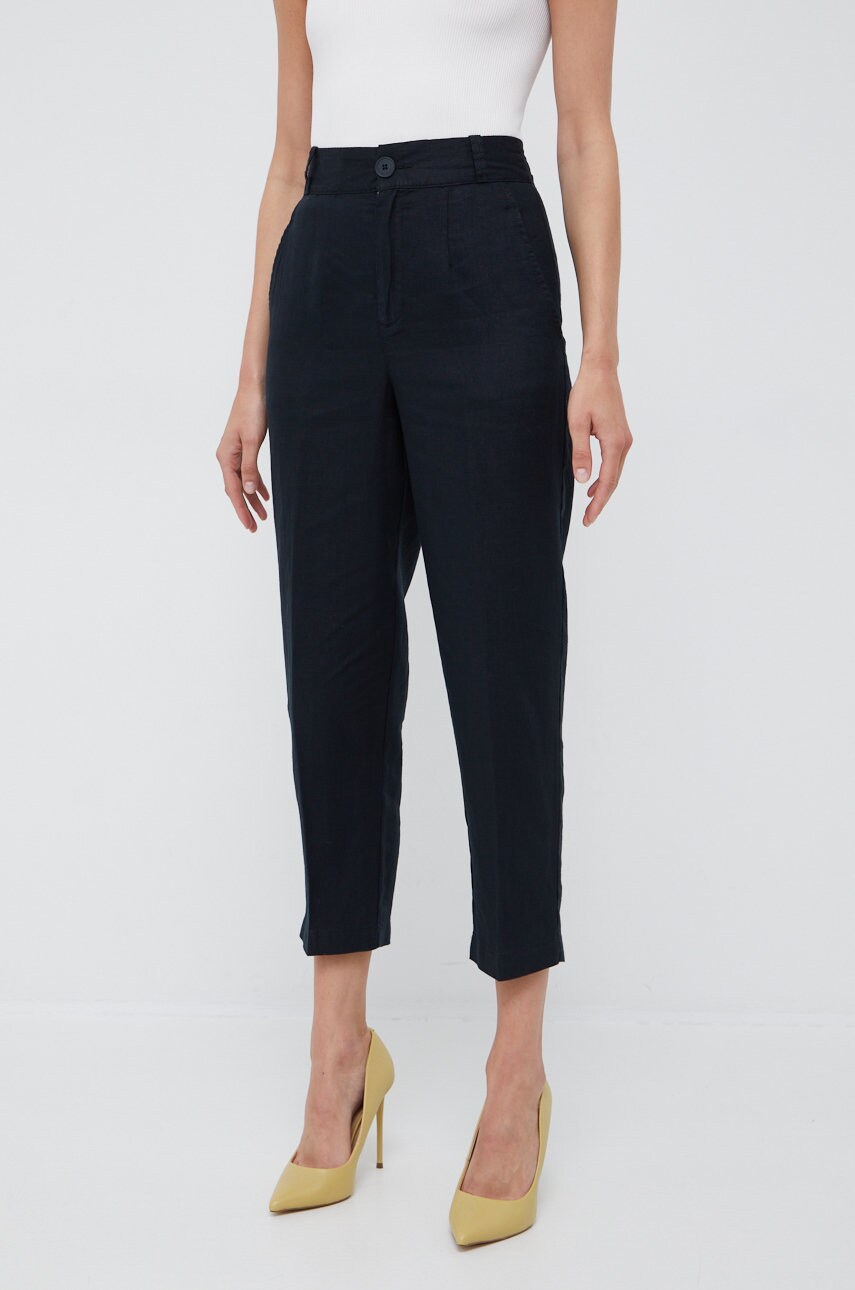 United colors of benetton pantaloni din in femei, culoarea negru, drept, high waist