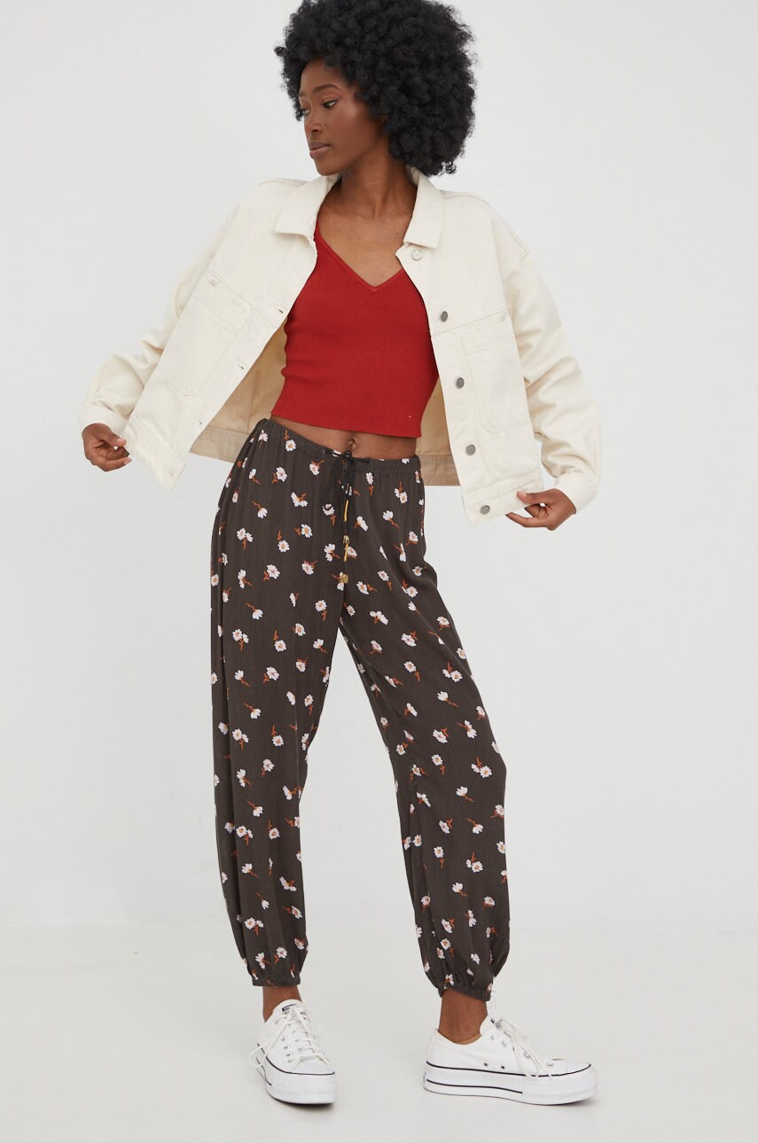Billabong pantaloni femei, culoarea negru, drept, high waist