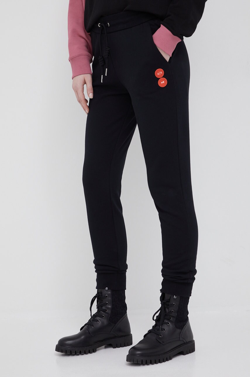 Armani exchange pantaloni de bumbac femei, culoarea negru, cu imprimeu