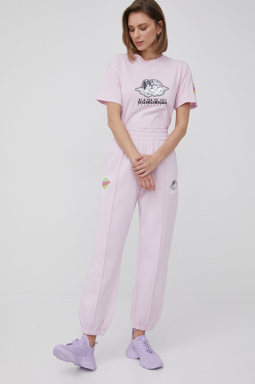 Napapijri pantaloni napapijri x fiorucci femei, culoarea roz, cu imprimeu