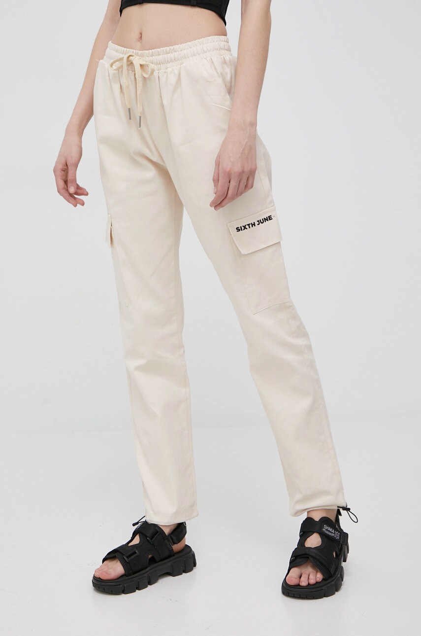 Sixth june pantaloni femei, culoarea bej, fason cargo, high waist