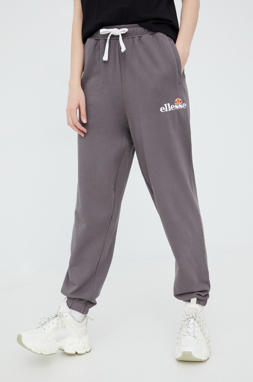 Ellesse pantaloni de trening din bumbac femei, culoarea gri, cu imprimeu