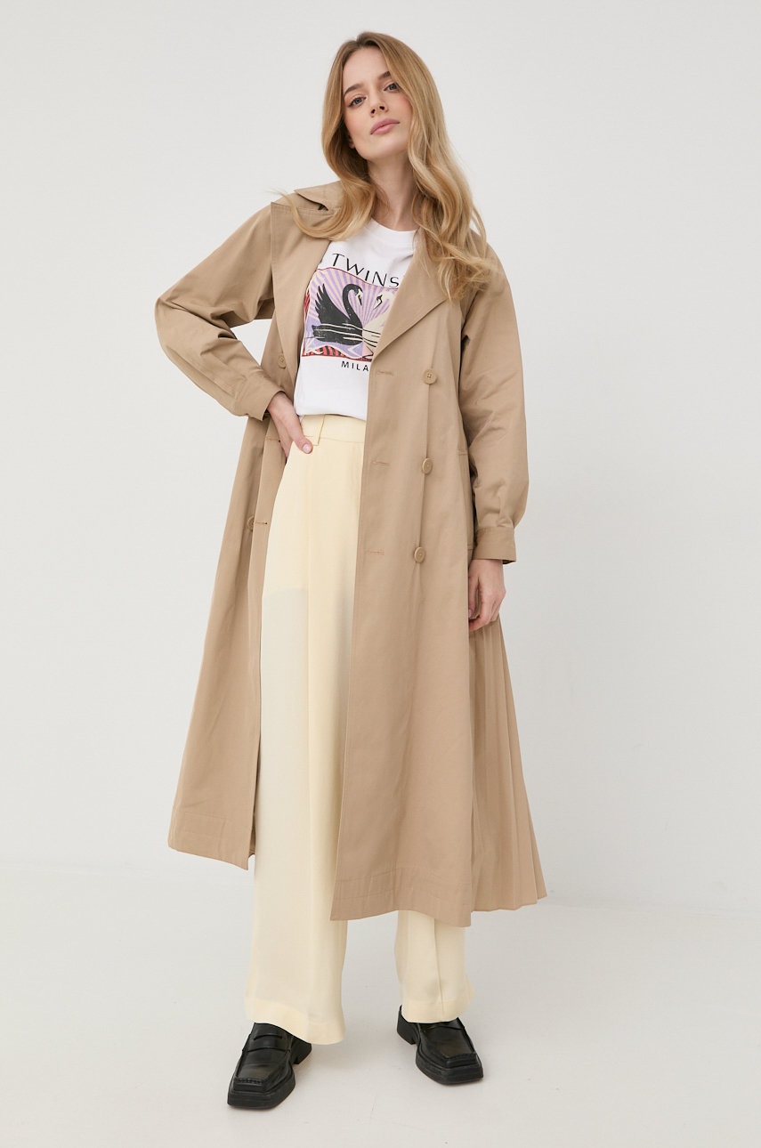 Μεταξωτό παντελόνι Victoria Beckham χρώμα: μπεζ, φωτογραφία