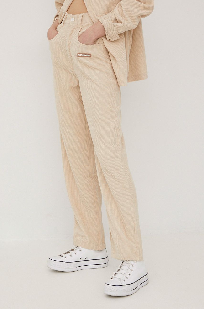 Sixth June spodnie sztruksowe damskie kolor beżowy proste high waist