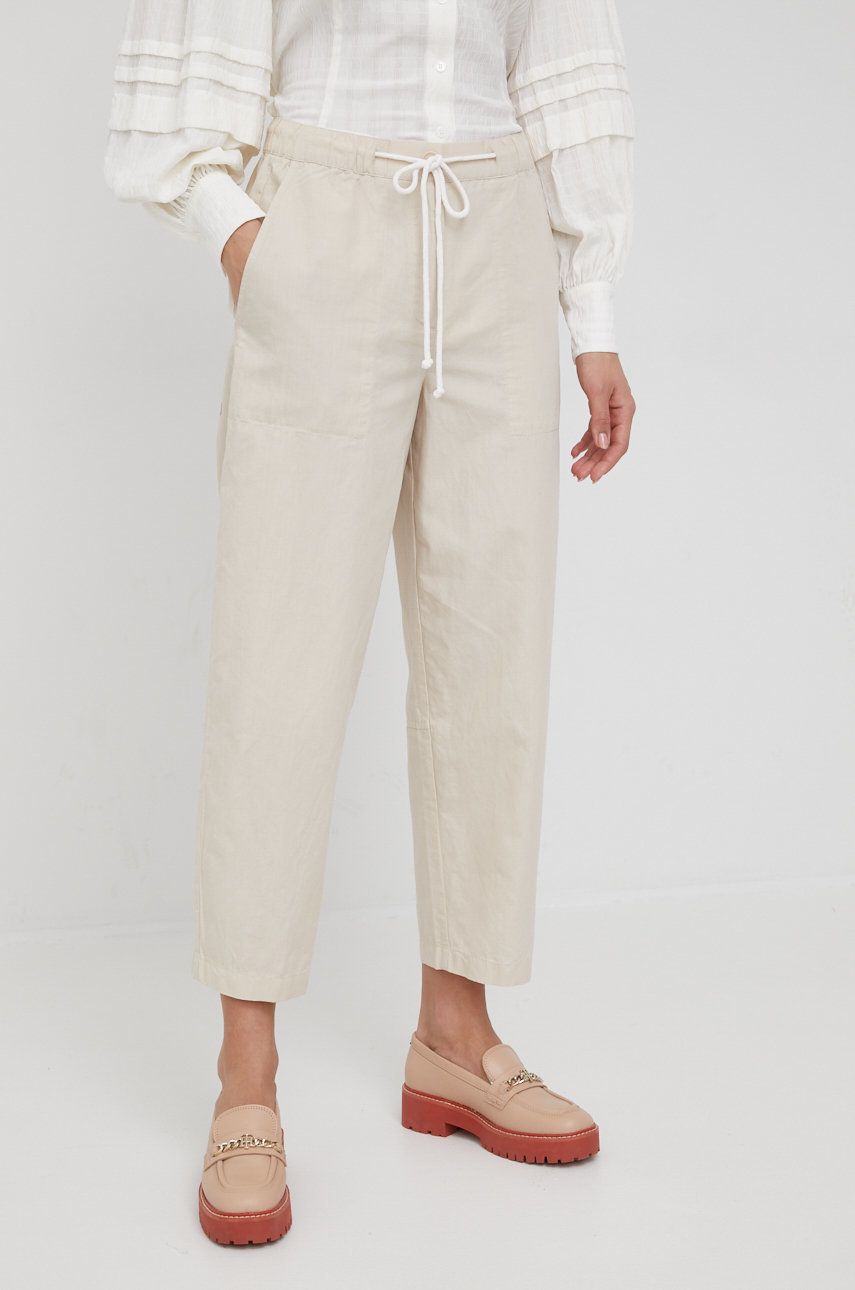 Kalhoty s příměsí lnu Marc O′Polo béžová barva, high waist - béžová -  76% Organická bavlna